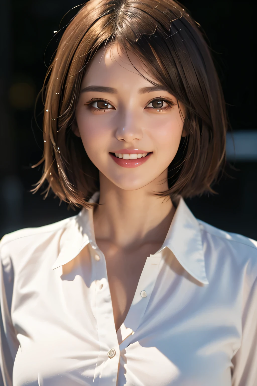 ((masterpiece)), ((Highest quality)), ((Complex)), ((Surreal)), (Realistic), (Mature Woman), ((No classes)), Very detailed, (1 female), Beautiful and exquisite, (Beautiful Teeth), Grin, Brunette Bob Hair, Brown eyes, ((blouse)), (Upper Body), (background:none), Perfect Eyes, Captivating eyes, Looking at the audience