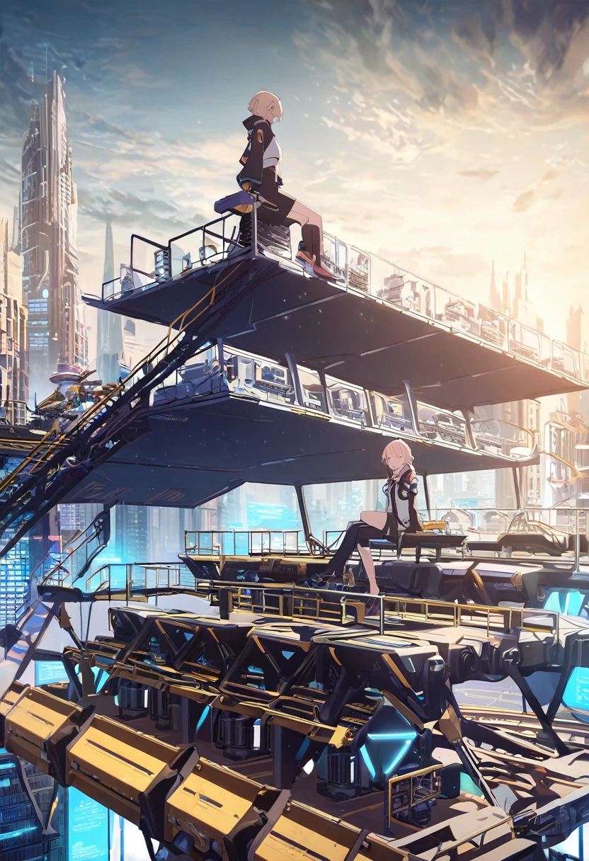 A girl sits on top of a complex machinery structure in a futuristic city