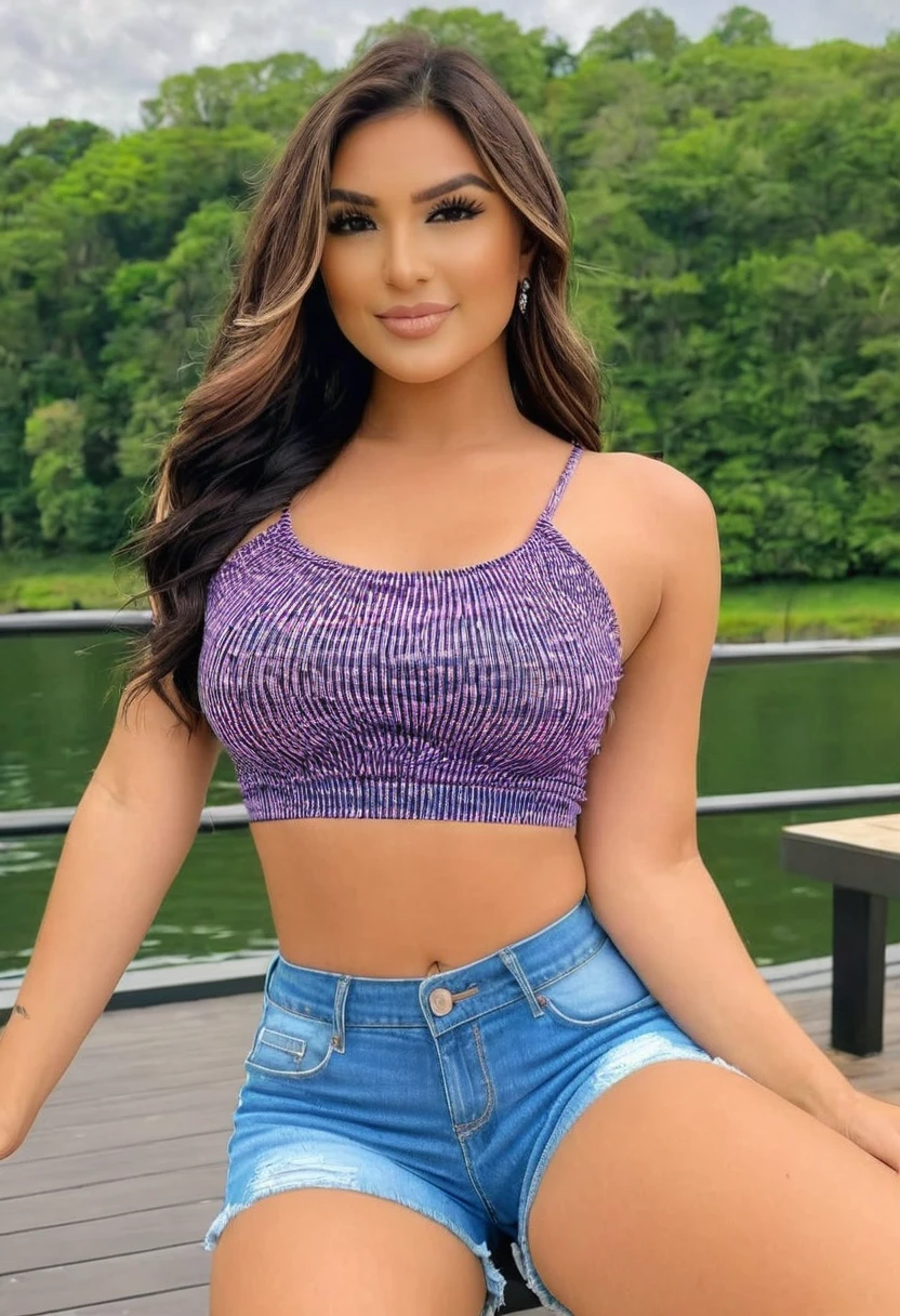 ((high quality:1.2)), (8k), extremely detailed, ((High detail:1.2)), ((best resolution:1.4)), (HotLexi woman), Solo, 24 years old female, (crop top, mini-shorts),