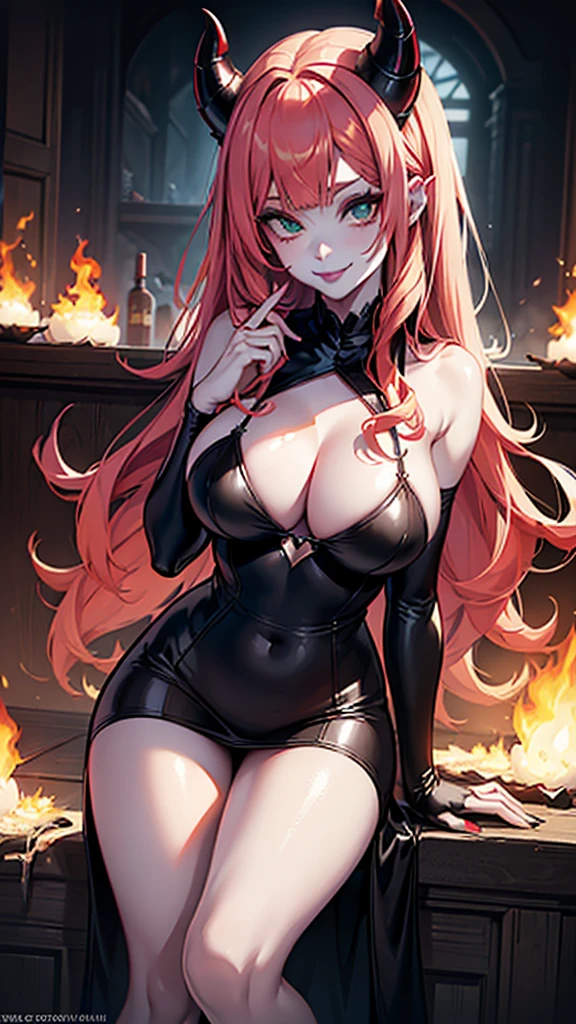 ((cute, innocent smile, shy)), succubify, (pale skin:1.3), demon horns, demon tail, demon wing (black lips:1.2), red hair, green eyes (" Ana de Armas", “kagney linn karter ").blend(0.1,1), (1girl), fire in the background, flames,