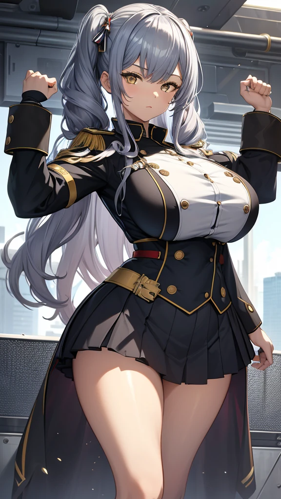 High detailed, 1 girl, Zara, Zara's Double large Pigtails, metallic-gray colored hair, shiny vivid-yellow eyes, busty, round buson, gorgeous plump body, military's uniform, military's skirt, floating pose, strong arms, mechanical gauntlets