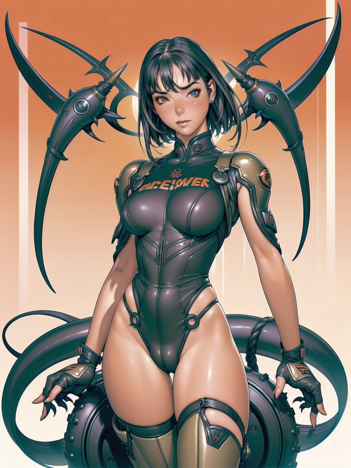 ((best qualityer)), (((Venom outfit))), (((slim))), (Muscles), (((Bettie Page style fringe))), (((Venom suit))), ((Perfect masterpiece)), (detailded: 1.4), (absurdrez), (((long hair with heavy bangs covering the entire forehead))), (((full body fitness, Venom symbol)), (((short hair woman, blushful))), 21 year old woman, beautiful sexy woman, giant robot pilot, wild with perfect corpo fitness, wearing small mecha battle armor clothes, tiny thong, Shonen manga style, clothing with Japanese cyberpunk graphic patterns, Halftone pattern and vertical stripes, earth tone, exiting the body of a giant robot, (((cowboy shot)))