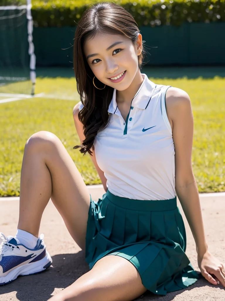 Pure young Japanese tennis girl, wearing tennis uniforms, sneakers, natural makeup, natural ponytail, sweet smile, sexual attractive, sweet temptation, sitting and relaxing, lift up skirt, spread wide legs, panty, professional portrait photography, dazzling summer sunlight,