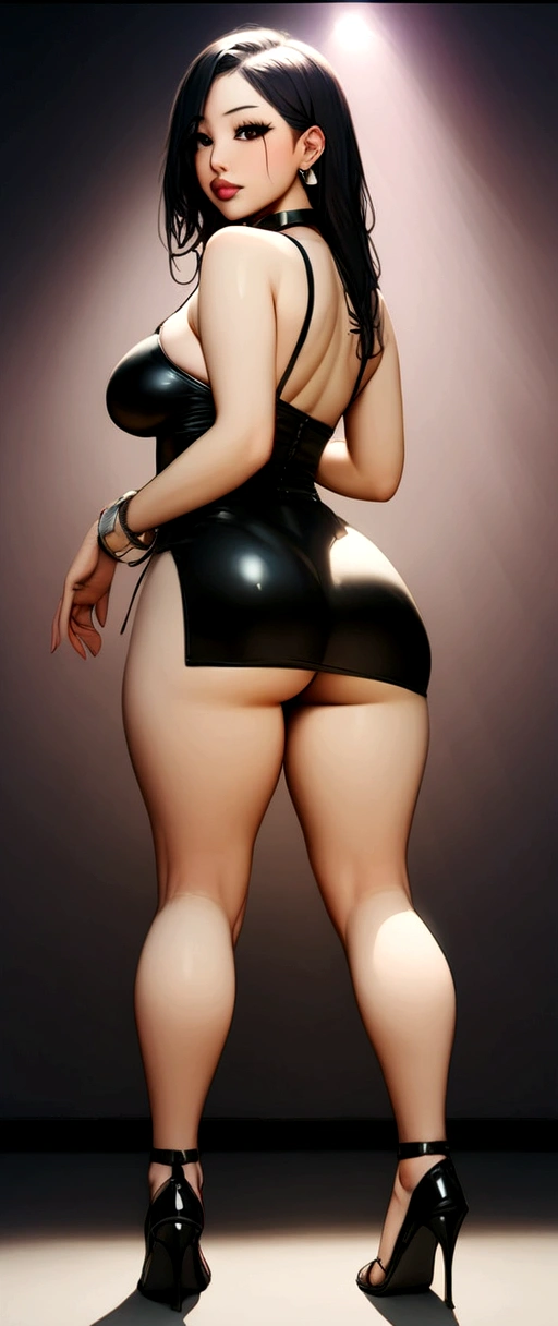 8 k, masterpiece, Raw-Photo, Best quality, Detail:1.2), Photo realistic, Fondos de pantalla CG unificados 8 k extremadamente detallados, depth of field, cinematic light, lens flare, ray tracing, (incredibly beautiful face, beautiful lips, Beautiful eyes), Cara de Detail intrincado, ((Ultra detailed skin)) 1 girl, in the dark, deep shadow, Cute Korean girl, k-pop idol, (Very thin and lean muscular body:1.3), ((See the viewer)), (big smile), (Injection cuff), (Evening de la ciudad, (Neon light sign), (Evening), Cute Korean girl, earrings, bracelet, bracelet на щиколотке, collar, no panties, light eyes, Look at the audience, (pale skin), (big eyes), (full body shots), (heels), Black silk mini dress,come back, (shot from behind), Applied approach