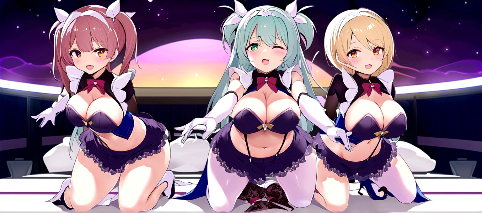 (1girl in:1.2), (Solo:1.2), masutepiece, nffsw、Shaders、Brilliant Textured Work、Ultra-detailed eyes、ultra-intricate pupil in eyes、top-quality、、elementary student、(((Magical Girl Clothes)))、Standing Picture、ratex、Tight, long gloves、long boots、Twin-tailed、length hair、Pink hair、Opening one eye and closing the other、Opening Mouth、Navel Ejection、On-stage、idol stage、Be in the spotlight、kneeling on the floor、She is pulling up her skirt with both hands.、Black lace pants、pantie shot、(NSFW:0.8)、