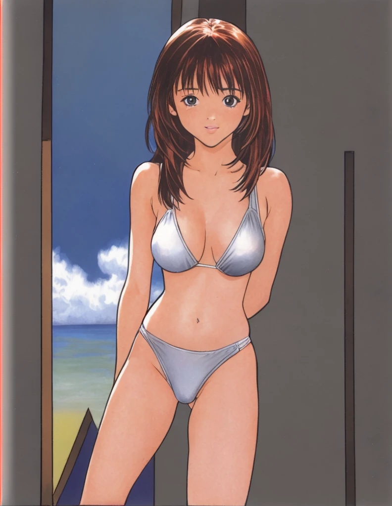The stylish Iori is standing in a bikini with her hands on her hips, her legs spread to the sides, blushing and her mouth open.。