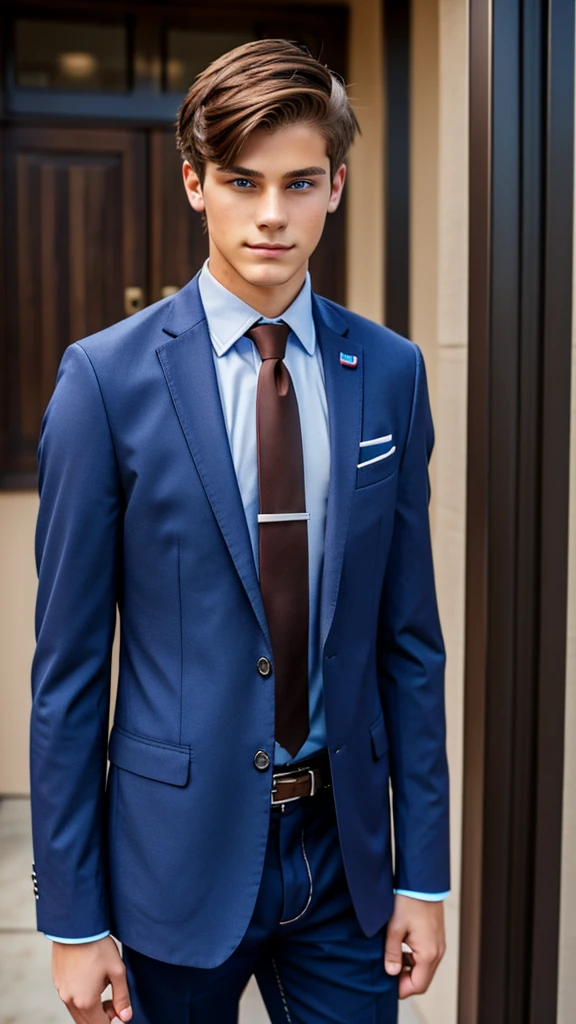 19 year old male wearing tie and lomg sleveed  button up with blazer with belt and tucked in
4K HIGH REZ 

Physical Description: Brown colored hair and skinny build. 5"5 and 150 LB. Blue eyes. 

.