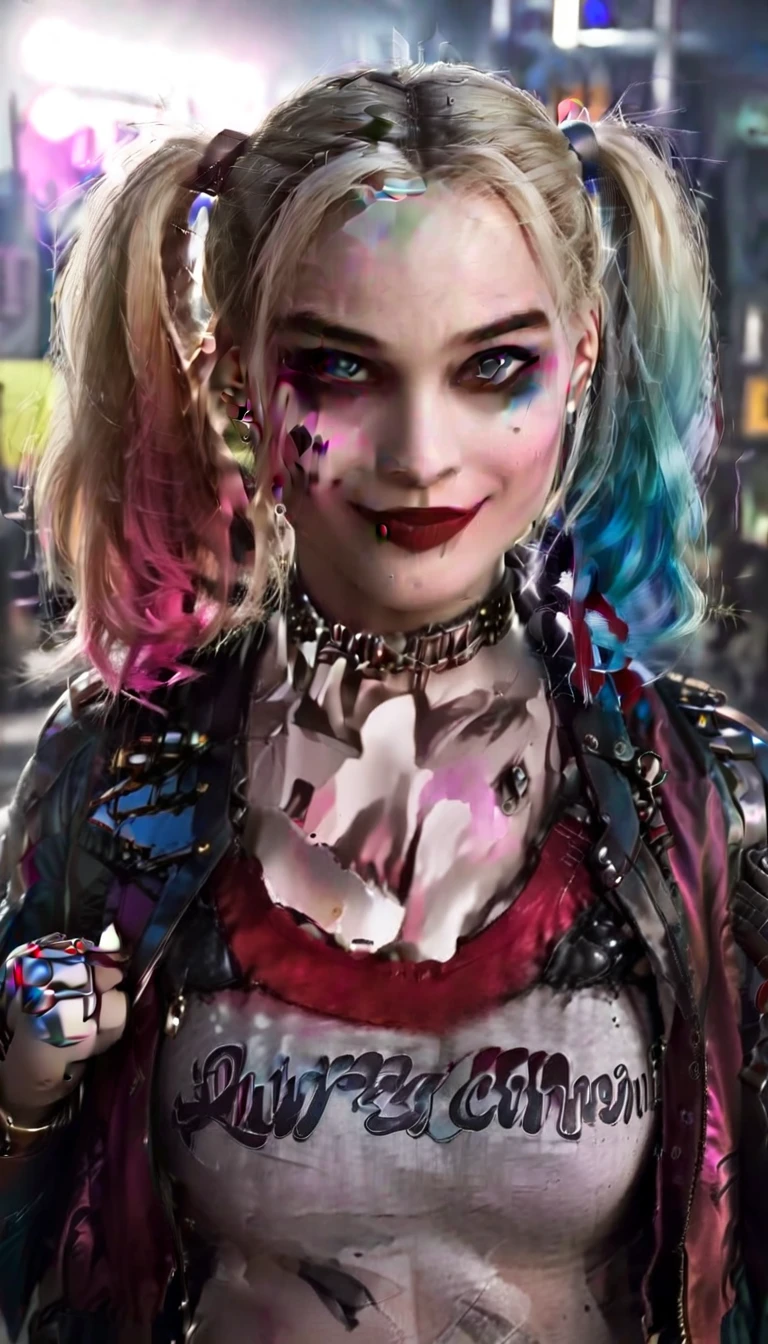 Harley Quinn smiling showing her teeth, with blonde hair, pink and light blue hair patch, blue colored eyes, strong makeup, red shadow and blue shadow, red lipgloss stick, leather jacket, Cyborg Body, metal body.