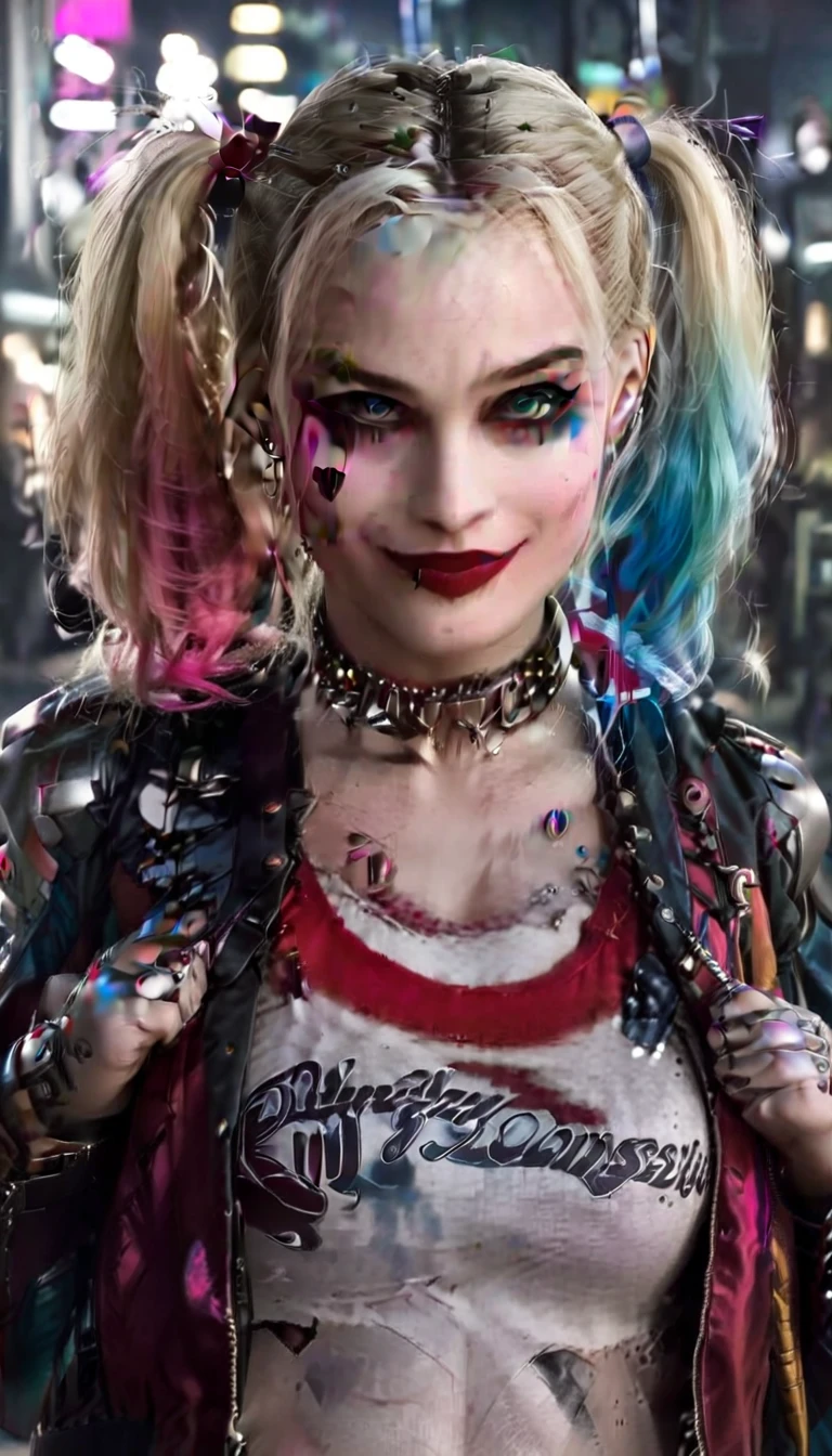 Harley Quinn smiling showing her teeth, with blonde hair, pink and light blue hair patch, blue colored eyes, strong makeup, red shadow and blue shadow, red lipgloss stick, leather jacket, Cyborg Body, metal body.