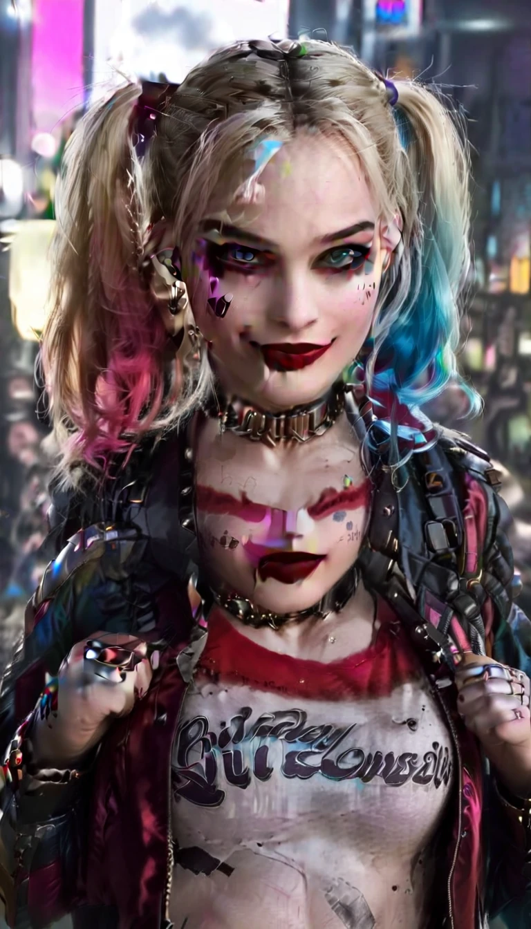 Harley Quinn smiling showing her teeth, with blonde hair, pink and light blue hair patch, blue colored eyes, strong makeup, red shadow and blue shadow, red lipgloss stick, leather jacket, Cyborg Body, metal body.