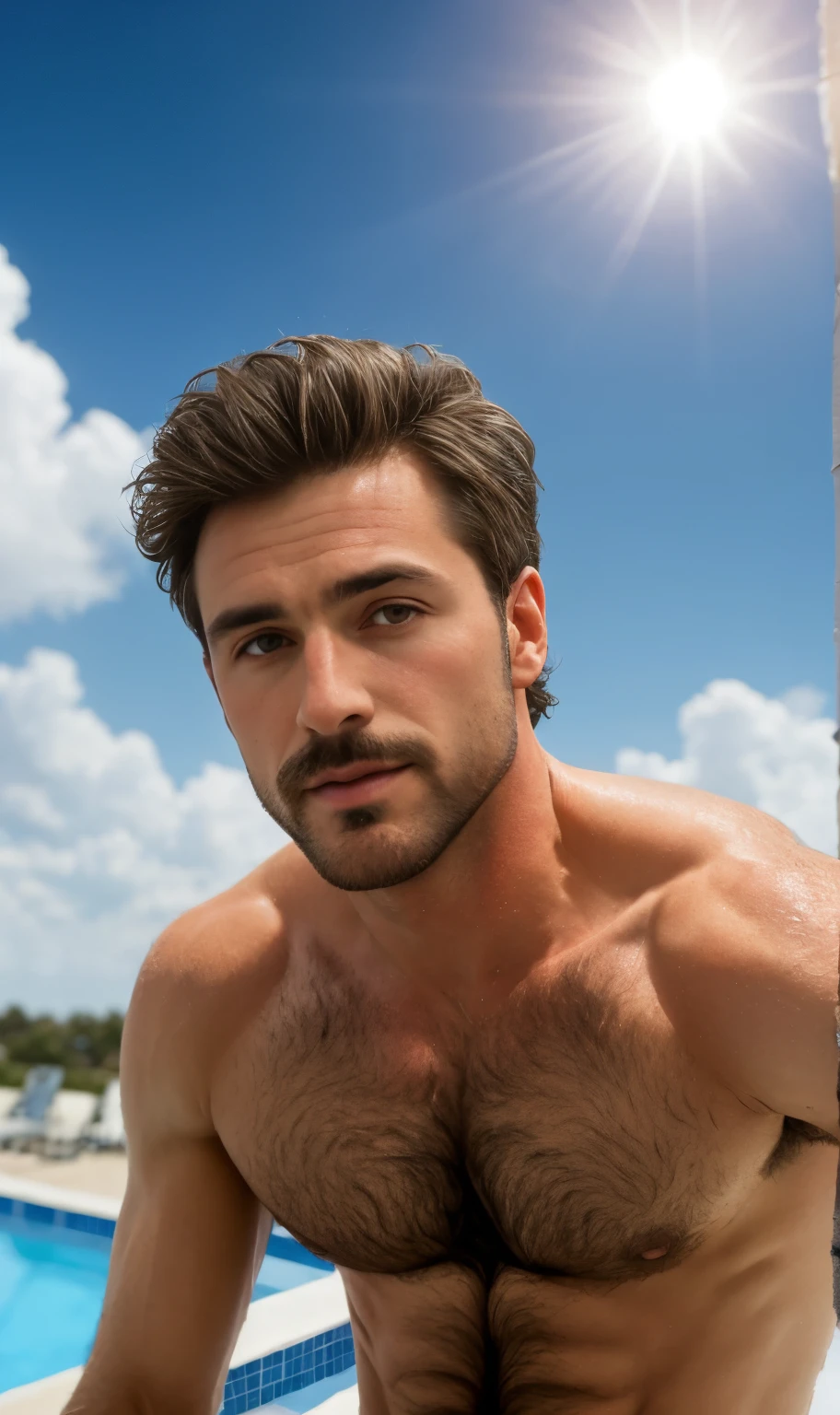 masterpiece, best quality, high resolution, closeup portrait, male focus, solo focus, A man, 60 years old, grey hair, in speedo, grey silver hair, messy hairstyle, cute and seductive face, old but attractive, bare chest, body hair, facial hair, pale skin, sun freckles, roman nose, very skinny body, hairy legs, cute, white chest hair, very hairy chest, dimples, scruffy beard, very hairy armpits, bold jawline , sweaty, in the background a vommujity pool on a cloudy day, view from below, amazing composition, front view, HDR, ultra quality, elegant, highly detailed