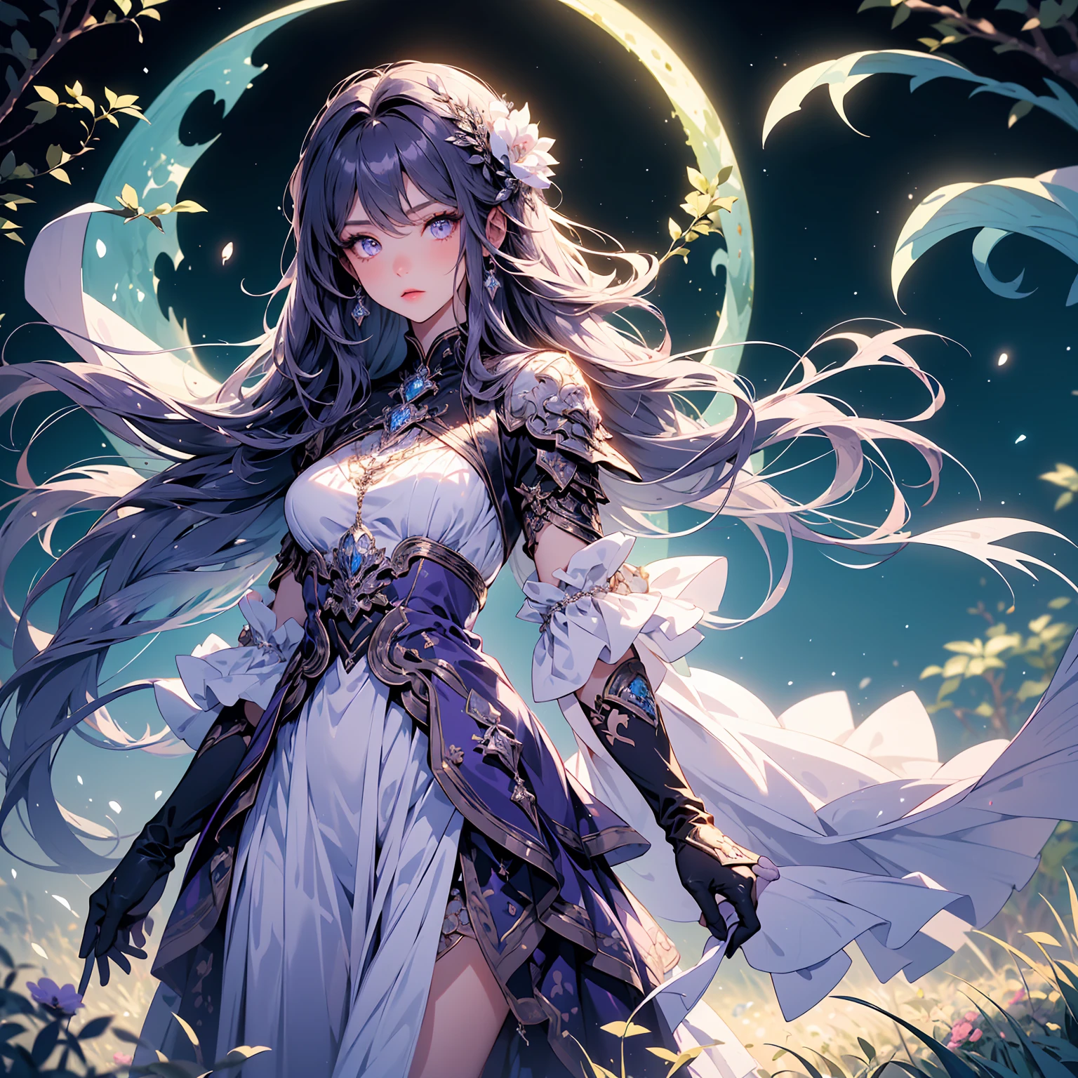 A charming artwork of a mystical and shimmering female character in a magical, moonlit landscape. The full-body view reveals her dressed in glistening purple and silver clothes that catch the light beautifully. Despite her short height, she captivates with her enchanting presence. Her medium-length purple hair and white eyes give her an ethereal, otherworldly charm. She holds an enchanted mirror, reflecting her timid and cute demeanor.
The background is an enchanted grove illuminated by soft moonlight, with sparkling dew drops on the grass and glowing flowers. Wisps of magical energy float in the air, and a gentle stream flows nearby, creating a serene and mystical atmosphere.