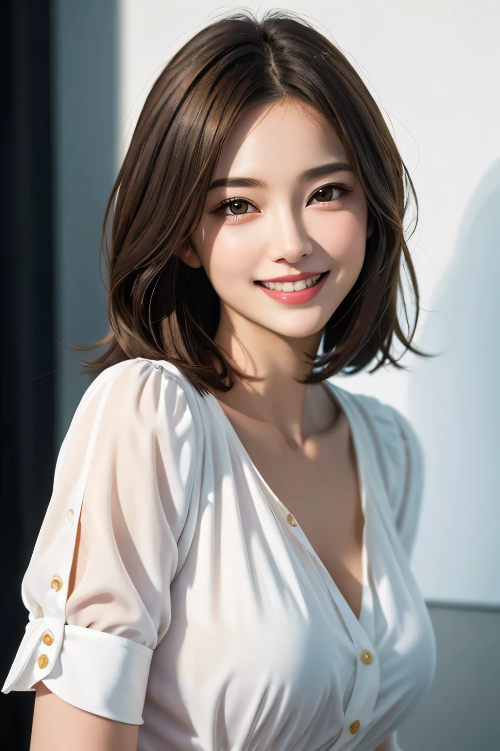 ((masterpiece)), ((Highest quality)), ((Complex)), ((Surreal)), (Realistic), (Mature Woman), ((No classes)), Very detailed, (1 female), Beautiful and exquisite, (Beautiful Teeth), Grin, Brunette Bob Hair, Brown eyes, ((blouse)), (Upper Body), (background:none), Perfect Eyes, Captivating eyes, Looking at the audience
