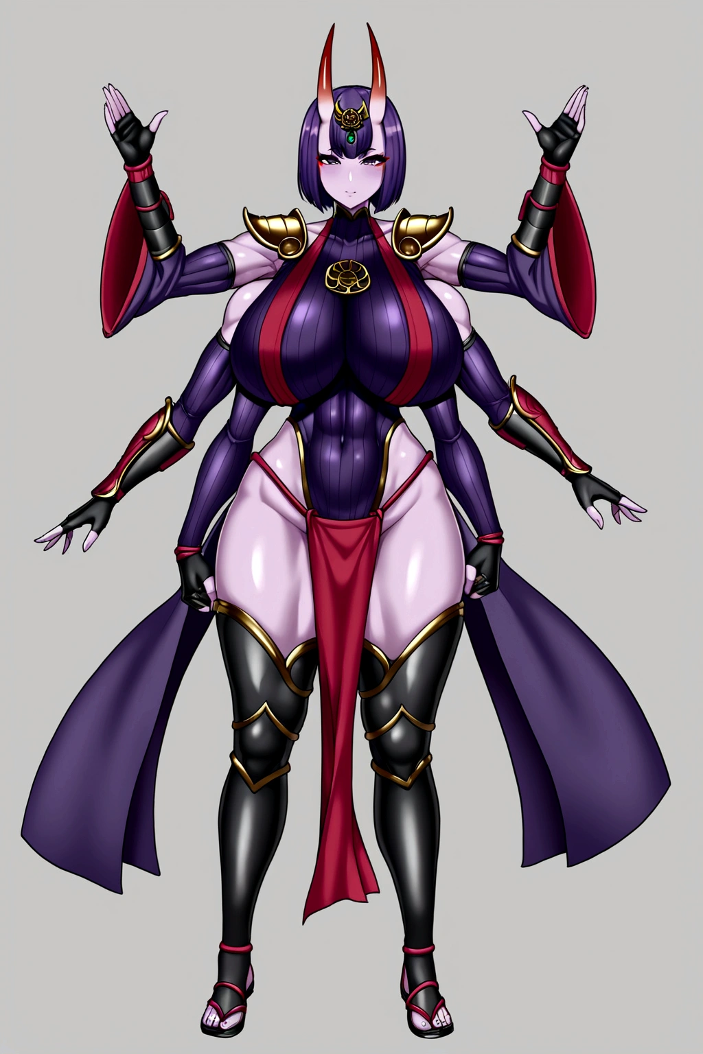 Shuten, arm guards, armor, black gloves, bodysuit, fingerless gloves, gloves, japanese armor, kote, loincloth, purple bodysuit, ribbed sleeves, tabard, toned, breasts, 4 breasts, huge breasts, big breasts, 4 arms, full body.