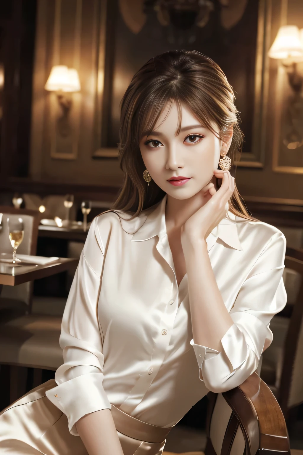 masterpiece, Highest quality, Realistic, Very detailed, Finer details, High resolution, 8k wallpaper, One beautiful woman, Wear an elegant white silk shirt, In a great restaurant, At night, Light brown messy hair, Perfect dynamic composition, Beautiful and beautiful eyes、Big earrings、Sit on a chair、