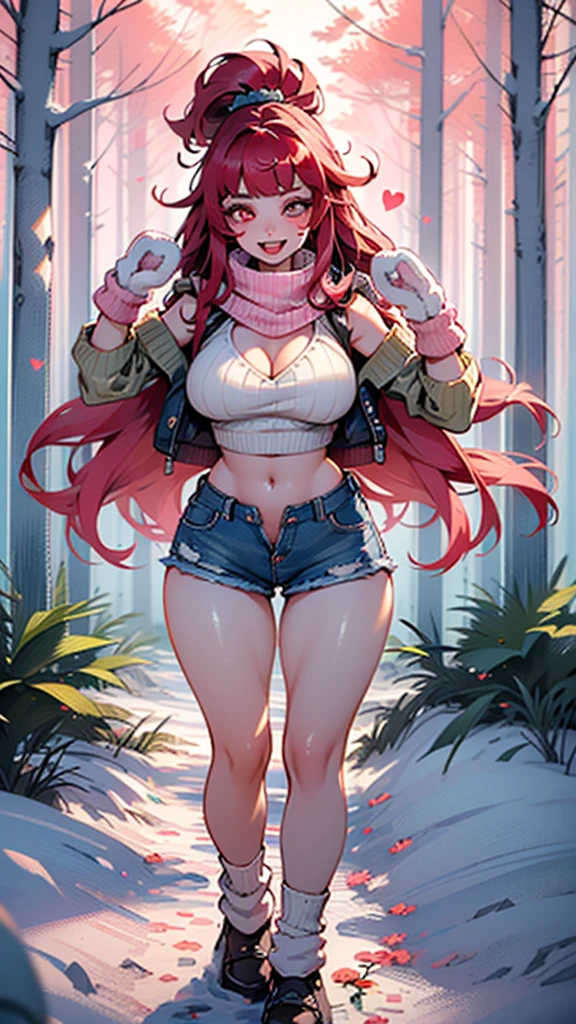 explorer girl,1girl,((extremely cute and beautiful red haired explorer girl)),(((18 years old))),(large breasts:1.4),((((red hair:1.35,absurdly long unkempt hair,ponytail red hair,bangs,colored inner hair,ear breathing)))),(((red_eyes:1.3))),intricate eyes,beautiful detailed eyes,symmetrical eyes,((((lustrous skin:1.5,tanned skin,bright skin:1.5,skin tanned,shiny skin,very shiny skin,shiny body)))),(spider lower abdomen,narrow waist,wide hip,athletic body,inflated legs,thick thighs,detailed body,(detailed face)),((heart pupils:1.5,heart:1.3,hearts:1.3,heart marks:1.3)),(ahegao face:1.5),
cute,slutty,seductive,erotic,(nsfw),
((large white socks:1.5,socks texture must be natural)),((deep V sweater:1.5)),((no bottoms)),((white mittens:1.5,white scarf:1.5),((navel)),((shorts,short shorts,denim shorts)),(((unzipped, open fly))),
(dynamic pose:1.0),embarrassed,(centered,scale to fit dimensions,Rule of thirds),
((snowy pink cherry forest:1.5,pink theme forest:1.5)),winter,scenery:1.25,((intricate scenery)),((snow forest background)),Christmas tree,
(Glossy winter ornaments),highres,sharp focus,(ultra detailed,extremely detailed),(photorealistic artwork:1.37),(extremely detailed CG unity 8k wallpaper),(((vibrant colors,vibrant theme))),(intricate),(masterpiece),(best quality),