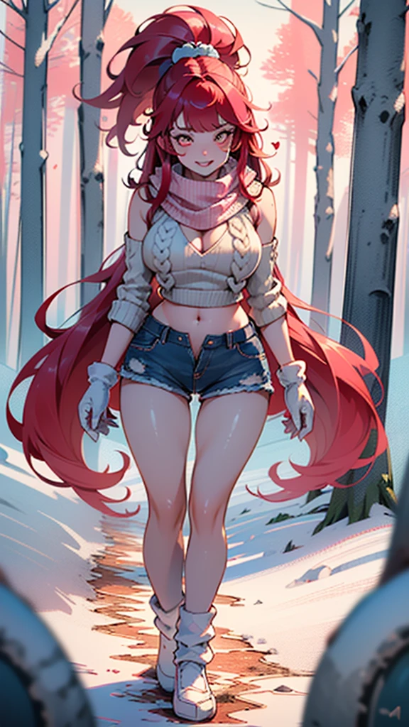 explorer girl,1girl,((extremely cute and beautiful red haired explorer girl)),(((18 years old))),(large breasts:1.4),((((red hair:1.35,absurdly long unkempt hair,ponytail red hair,bangs,colored inner hair,ear breathing)))),(((red_eyes:1.3))),intricate eyes,beautiful detailed eyes,symmetrical eyes,((((lustrous skin:1.5,tanned skin,bright skin:1.5,skin tanned,shiny skin,very shiny skin,shiny body)))),(spider lower abdomen,narrow waist,wide hip,athletic body,inflated legs,thick thighs,detailed body,(detailed face)),((heart pupils:1.5,heart:1.3,hearts:1.3,heart marks:1.3)),(ahegao face:1.5),

cute,slutty,seductive,erotic,(nsfw),

((large white socks:1.5,socks texture must be natural)),((deep V sweater:1.5)),((no bottoms)),((white mittens:1.5,white scarf:1.5),((navel)),((shorts,short shorts,denim shorts)),(((unzipped, open fly))),

(dynamic pose:1.0),embarrassed,(centered,scale to fit dimensions,Rule of thirds),

((snowy pink cherry forest:1.5,pink theme forest:1.5)),winter,scenery:1.25,((intricate scenery)),((snow forest background)),Christmas tree,

(Glossy winter ornaments),highres,sharp focus,(ultra detailed,extremely detailed),(photorealistic artwork:1.37),(extremely detailed CG unity 8k wallpaper),(((vibrant colors,vibrant theme))),(intricate),(masterpiece),(best quality),
