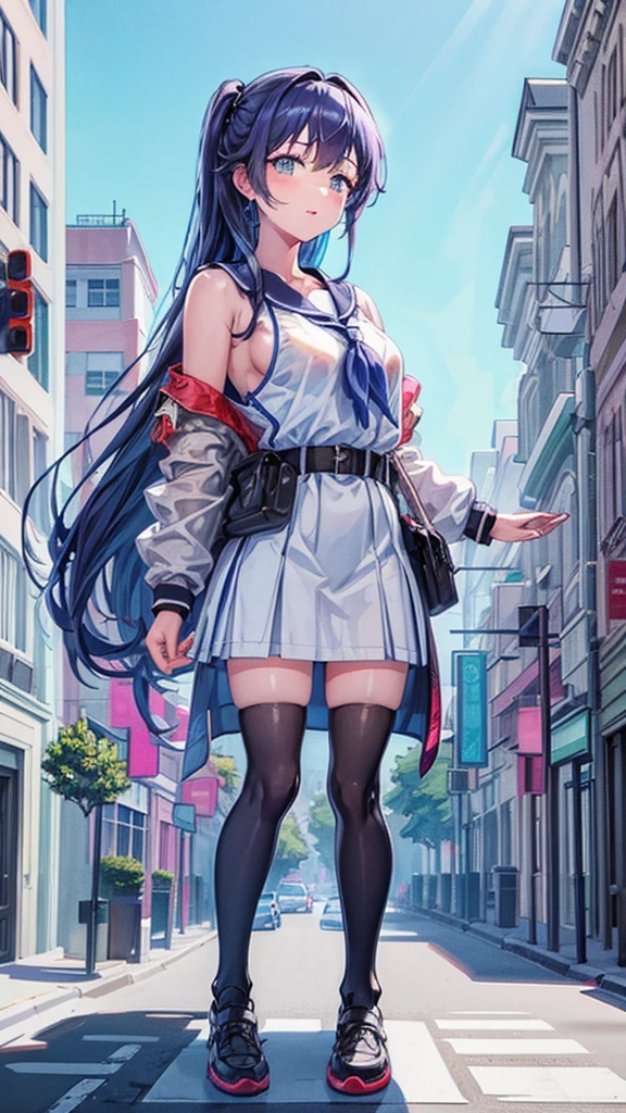Knot Unreal Engine Anime Style Delicate painting 4K 90's giant Multiple Girls crowd School building City School buildingの谷間に立っている巨大な女子高生 school uniform Sailor suit skirt Black Hair Hands on hips smile female giant giant girl Whole body Destroyed skyscrapers Destroyed cars Crowd Unreal Engine,cleavage ,a drawing of a , earrings, long hair, 1980s (style) Cute picture Beauty Analog style whole body sneakers