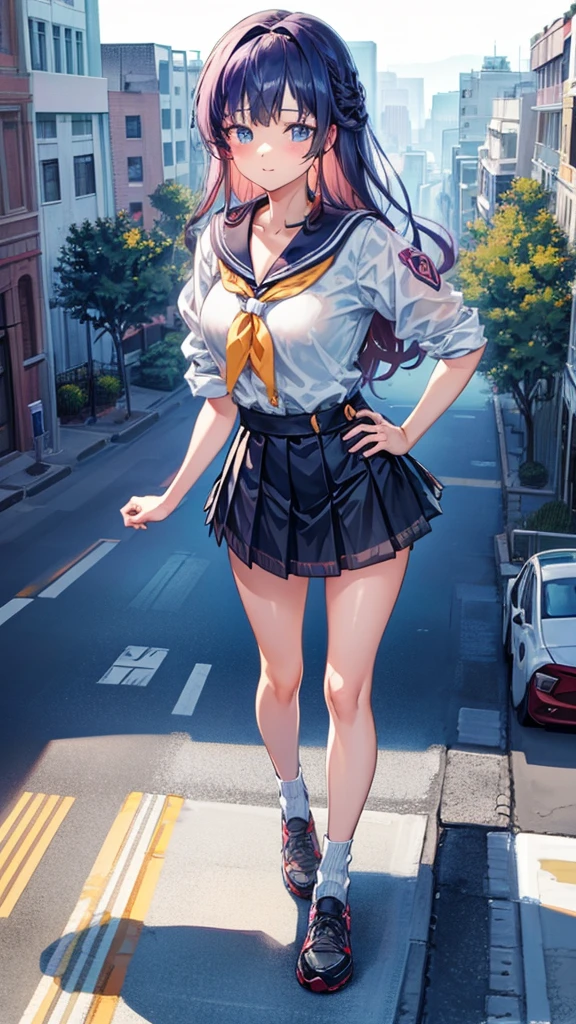 Knot Unreal Engine Anime Style Delicate painting 4K 90's giant Multiple Girls crowd School building City School buildingの谷間に立っている巨大な女子高生 school uniform Sailor suit skirt Black Hair Hands on hips smile female giant giant girl Whole body Destroyed skyscrapers Destroyed cars Crowd Unreal Engine,cleavage ,a drawing of a , earrings, long hair, 1980s (style) Cute picture Beauty Analog style whole body sneakers