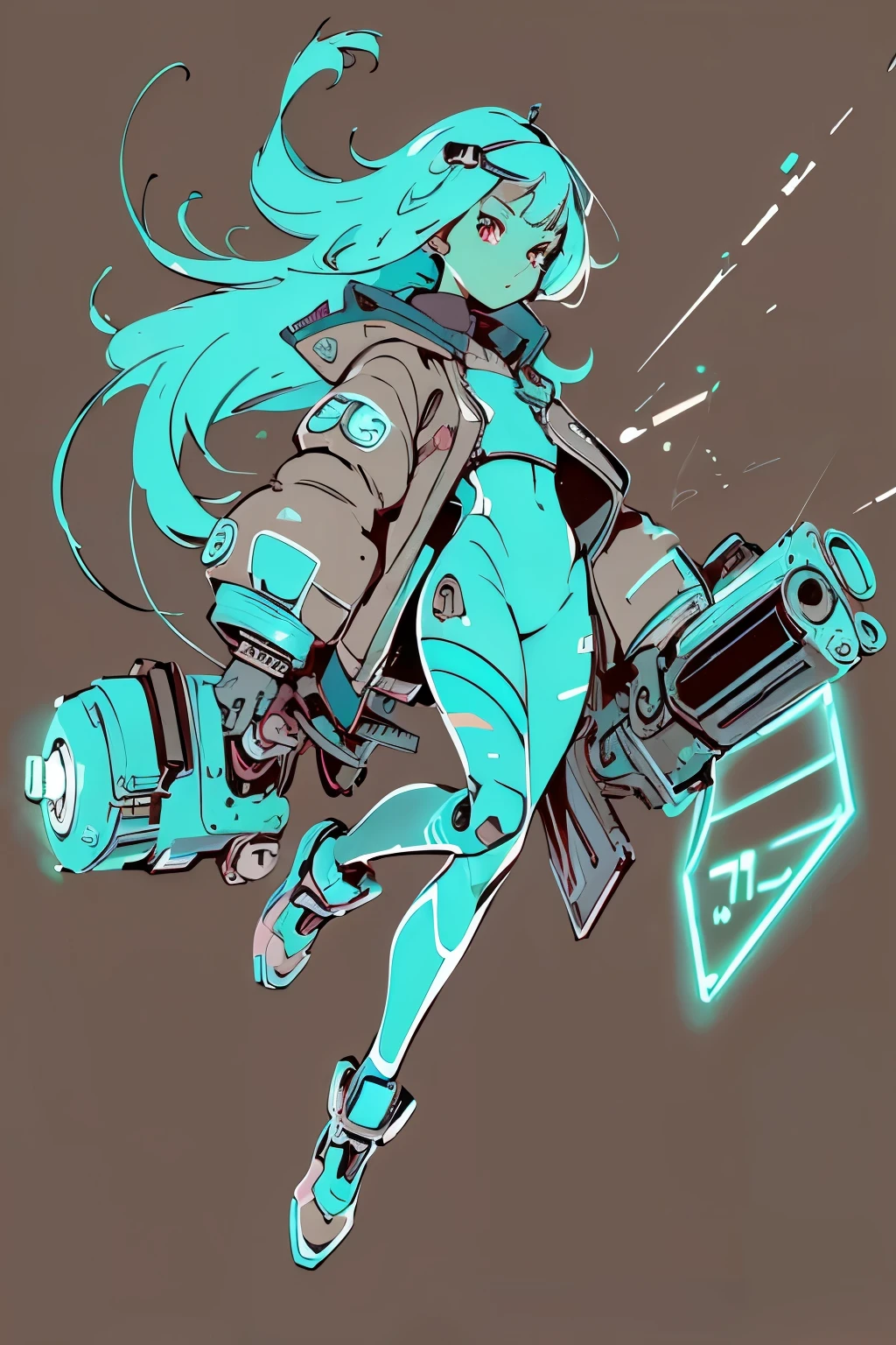 (ultra detailed,ultra high res,detailed background),((2D)),((flat color)),((muted color)),((floating neon)),1girl,solo,looking at viewer, spray Half robot woman, covered in graffiti, full body view