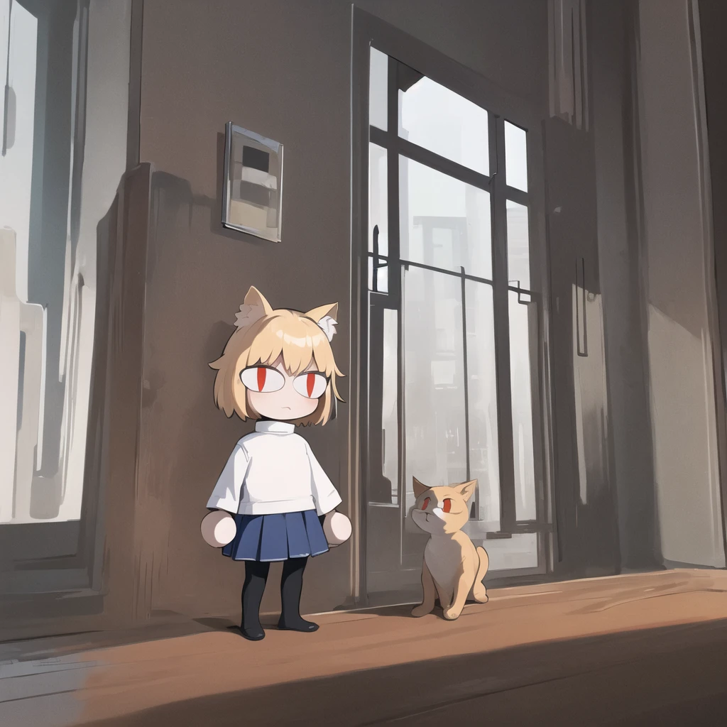 (masterpiece, best quality:1.2), necoarc, slit pupils, cat ears, blonde hair, red eyes, chibi, 1boy, solo, white turtleneck, blue skirt, pleated skirt, brown footwear, pantyhose, near a window, inside a room, highlight thighs, landscape, selfie