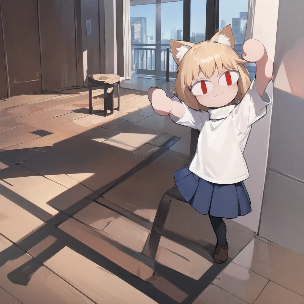 (masterpiece, best quality:1.2), necoarc, slit pupils, cat ears, blonde hair, red eyes, chibi, 1boy, solo, white turtleneck, blue skirt, pleated skirt, brown footwear, pantyhose, near a window, inside a room, highlight thighs, landscape, selfie