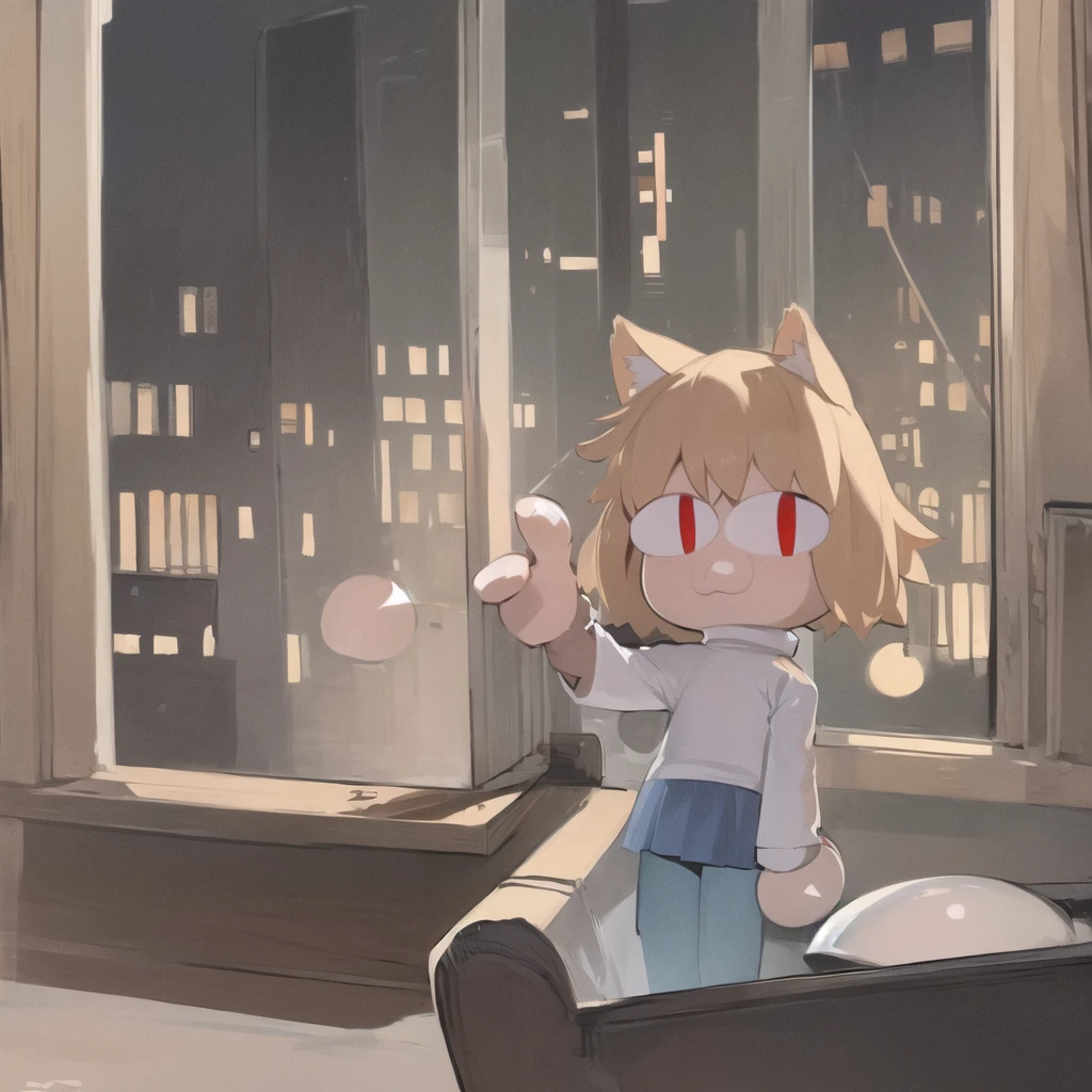 (masterpiece, best quality:1.2),  necoarc, slit pupils, cat ears, blonde hair, red eyes, chibi, 1boy, solo, white turtleneck, blue skirt, pleated skirt, brown footwear, pantyhose, near a window, inside a room, highlight thighs, landscape, selfie
