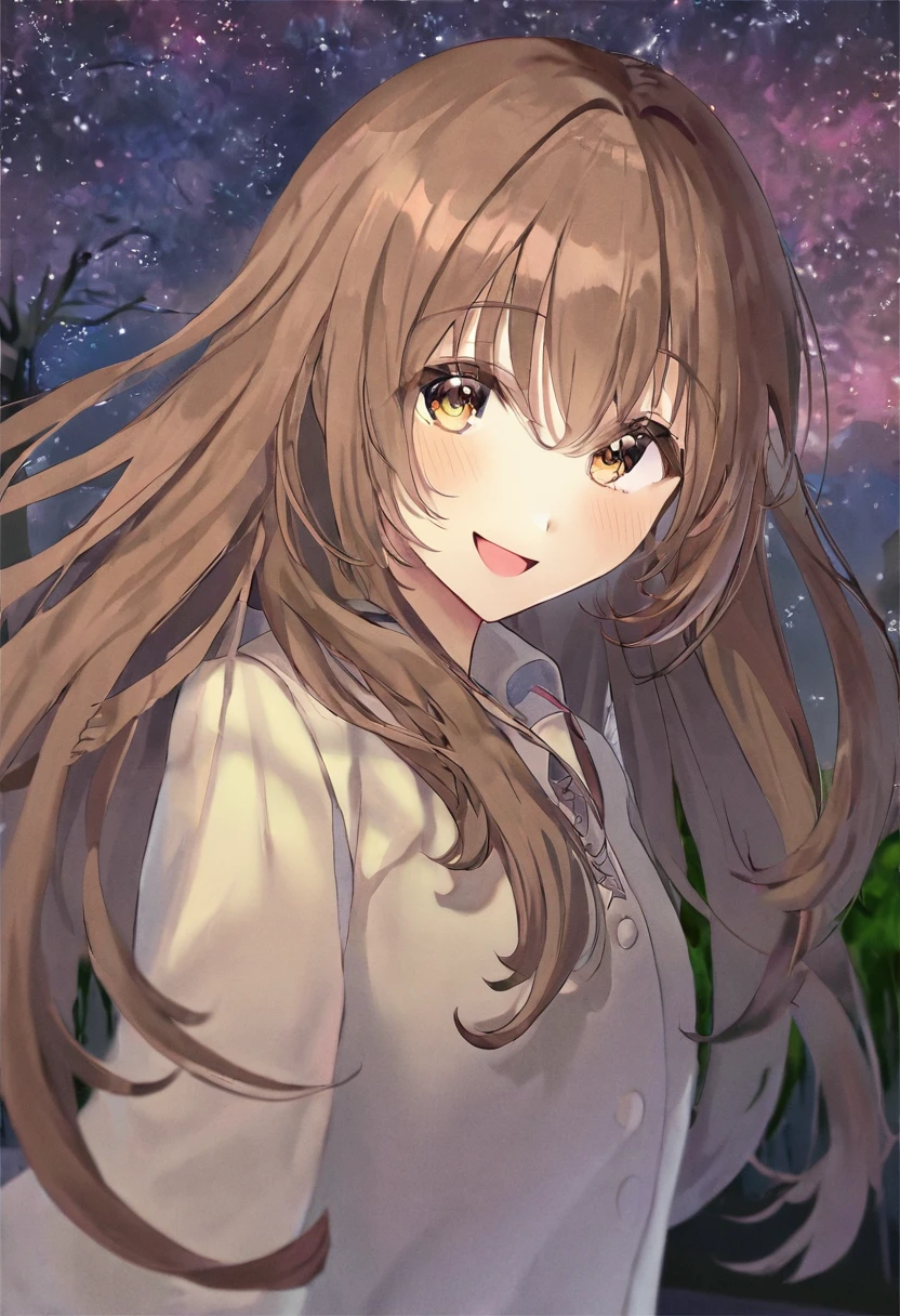 girl.Her hair is brown.Beautiful eyes.Hazel eyes.At night time.
Brown flowing hair. I grow..happy.Quiet.Smile