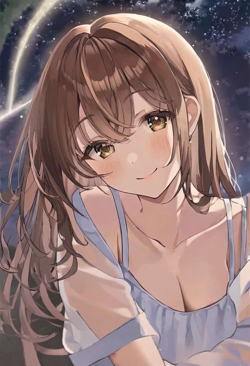 girl.Her hair is brown.Beautiful eyes.Hazel eyes.At night time.
Brown flowing hair. I grow..happy.Quiet.Smile