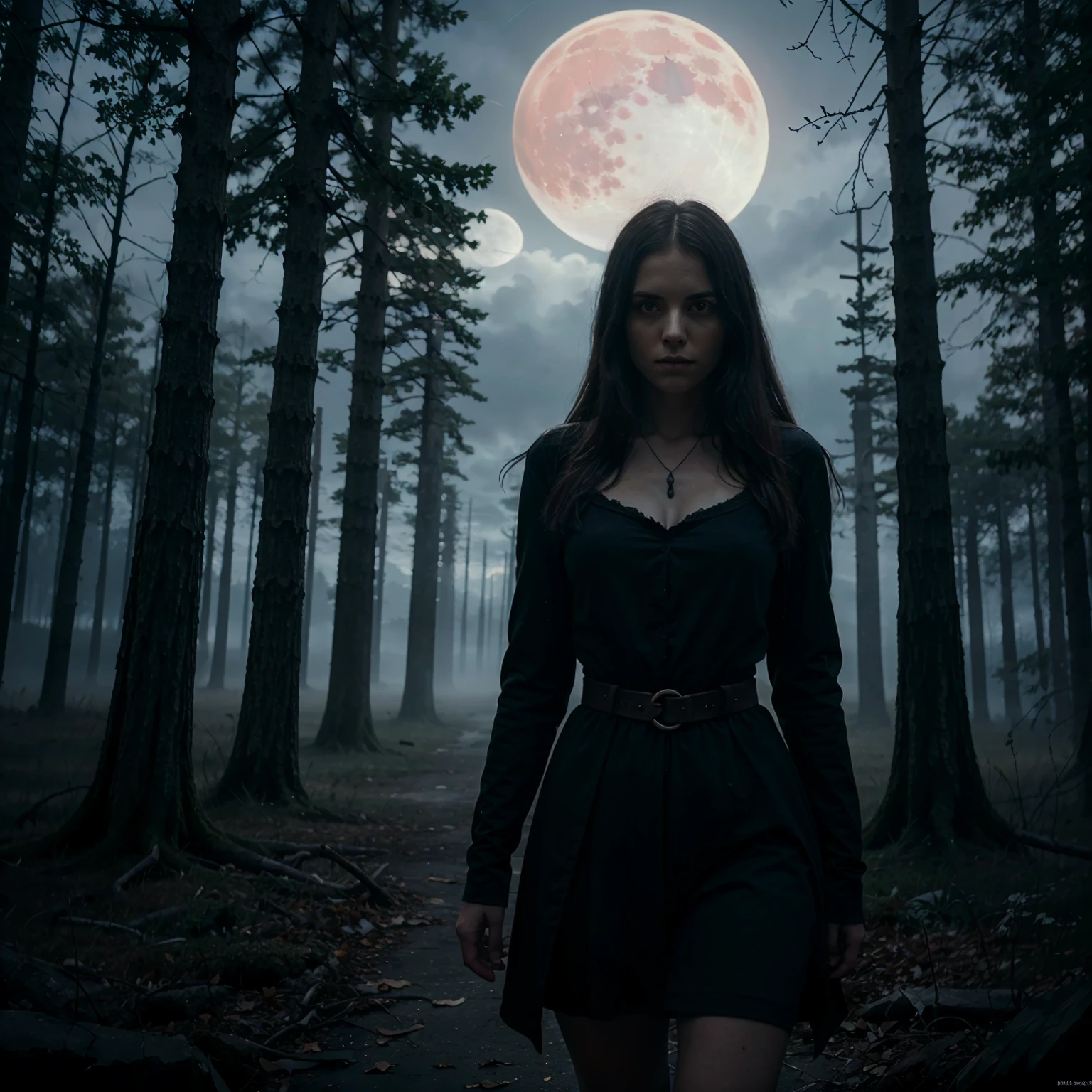 detailed fantasy night scene, dark moody atmosphere, mystical glowing red moon, dense foggy mist, ruined gothic architecture, twisted dead trees, a lone figure with glowing blue eyes, dramatic chiaroscuro lighting, dramatic dynamic camera angle, (best quality,8k,highres,masterpiece:1.2),ultra-detailed,realistic,photo-realistic:1.37,digital art,cinematic lighting,concept art,dark fantasy,berserk