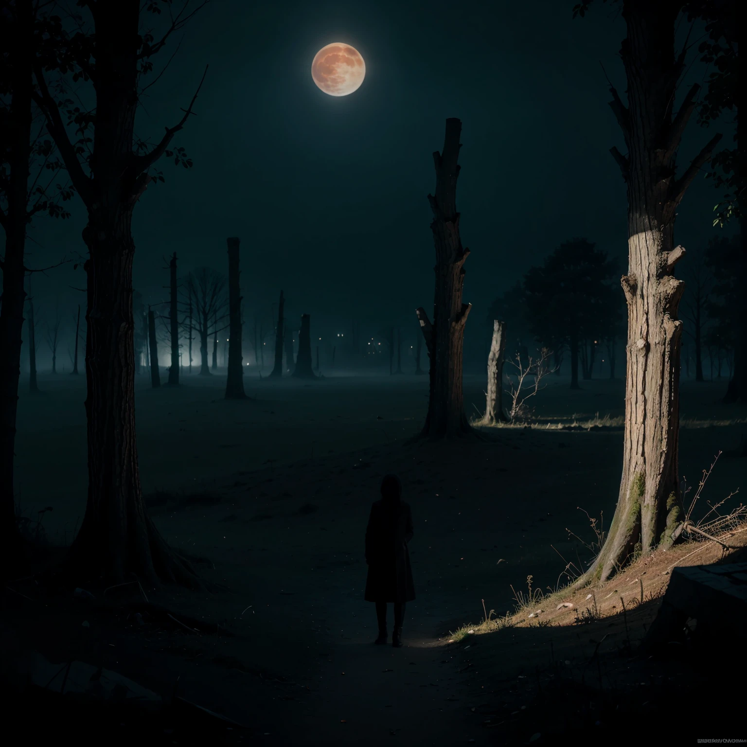 detailed fantasy night scene, dark moody atmosphere, mystical glowing red moon, dense foggy mist, ruined gothic architecture, twisted dead trees, a lone figure with glowing blue eyes, dramatic chiaroscuro lighting, dramatic dynamic camera angle, (best quality,8k,highres,masterpiece:1.2),ultra-detailed,realistic,photo-realistic:1.37,digital art,cinematic lighting,concept art,dark fantasy,berserk