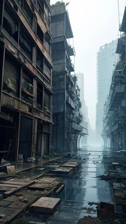 A multi-use building with the lower half submerged concrete skyscraper forest Alley Dilapidated atmosphere rubble