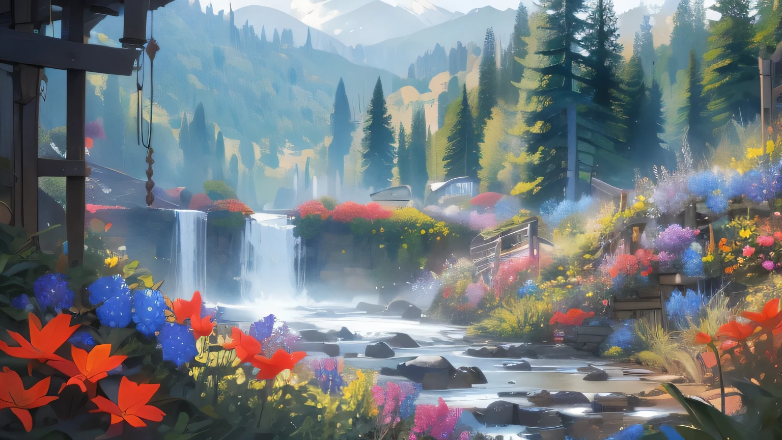 a little valley with huge cascades and flowers, i'ts in the morning.