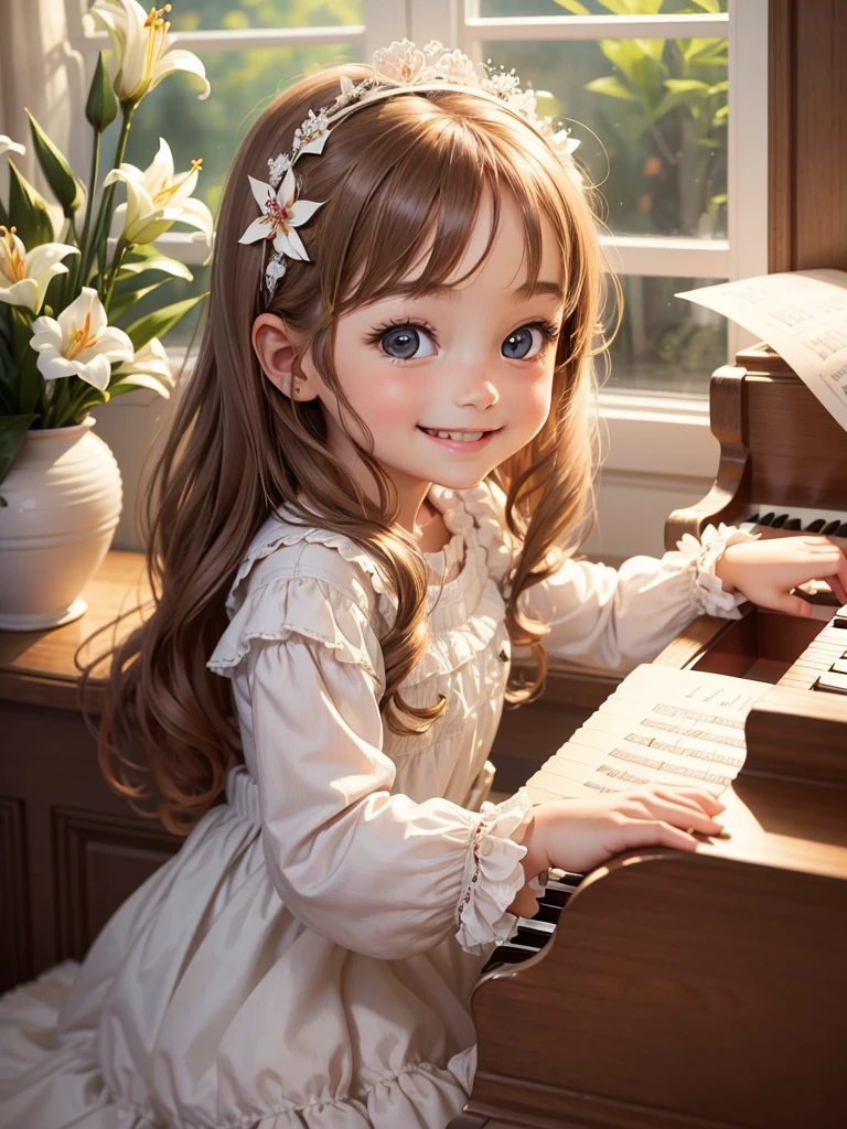 Best picture quality, detailed eyes, lovely little 5 year old girl playing the piano, sheet music propped up on the piano, smiling very happily, amazingly large shining eyes, long eyelashes, long chestnut hair, very pretty , smiling happily, best smile, friendly and happysmile, lilies blooming outside the window,