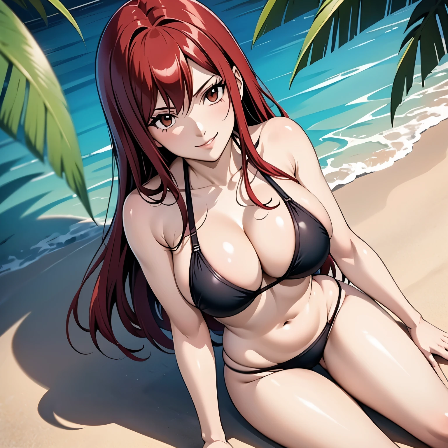 Erza Scarlet, 25 year old woman, scarlet hair shine, Brown eyes, big breasts, SMILE, black bikini, background a tropical beach.