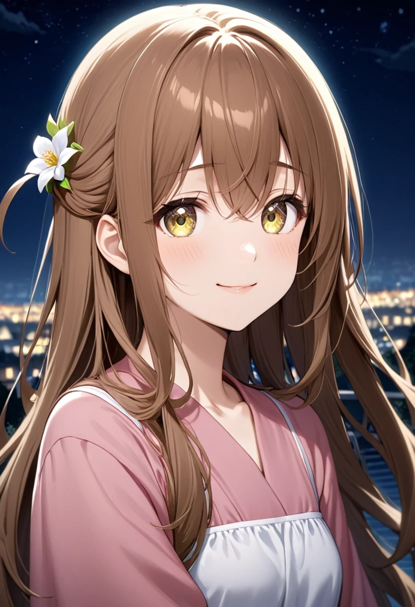 girl.Her hair is brown.Beautiful eyes.Hazel eyes.At night time.
Brown flowing hair. I grow..happy.Quiet.Smile