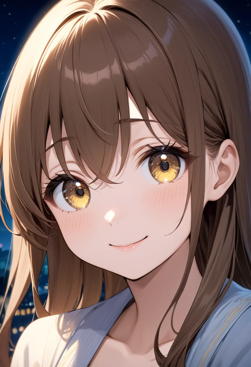 girl.Her hair is brown.Beautiful eyes.Hazel eyes.At night time.
Brown flowing hair. I grow..happy.Quiet.Smile