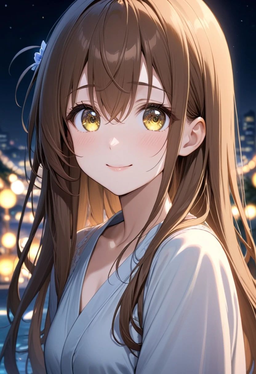 girl.Her hair is brown.Beautiful eyes.Hazel eyes.At night time.
Brown flowing hair. I grow..happy.Quiet.Smile