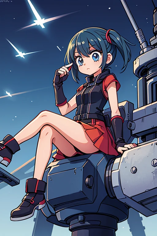 A girl sits on top of a complex machinery structure in a futuristic city
