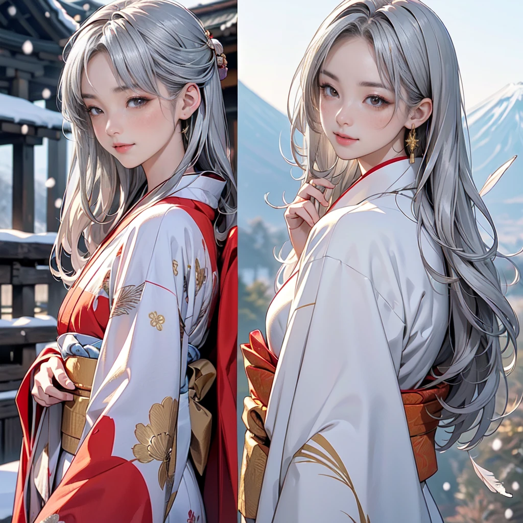 ((8K, RAW Photos, Highest quality, masterpiece)),((Showing the kimono from the obi up：1.5)), High-resolution RAW color photos、

Professional close-up photography, (Realistic, フォトrealism: 1.37), 

(Highest quality), (Best Shadow), (Best illustrations),

High-quality images、Skin Radiance、Texture of skin and clothing、

Expression of fine eyes、Shiny Hair,Long Hair Girl, Manga inspired by Lee Jong-suk, 

Trending on deviantart, realism, detailed manga style, Manga art style,

Perfect Line Drawing, Beautiful line art, digital manga art girl, K-POPアイドル,

 Beautiful brown eyes, Fuller lips, Gorgeous face with attention to detail, 

(Cute Smile), attractive, Innocent, (Perfectly detailed face), 

(Detailed and carefully drawn hand) Photorealistic images, Written boundary depth, 

(Japanese style princess cut hairstyle:1.5), 

best quality, masterpiece, New Year, 

((Kimono with strikingly beautiful colorful colors, red, Silver, gold:1.7)), 

Three Japanese high-school cute girls, ((looking straight:1.7)), 

gently smiling, 

((upper arms hidden by clothes and hair:1.5)),

(innocent and pure high-school-girls:1.7)

((white short scarf:1.2)), ((white feather shawl:1.2)), 

(separately side by side:1.5), 

shrine background, (mount Fuji:1.3), ((snow))

winter(season), (outdoors:1.5)
