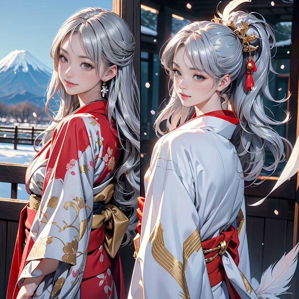 ((8K, RAW Photos, Highest quality, masterpiece)),((Showing the kimono from the obi up:1.5)), High-resolution RAW color photos、
Professional close-up photography, (Realistic, フォトrealism: 1.37),
(Highest quality), (Best Shadow), (Best illustrations),
High-quality images、Skin Radiance、Texture of skin and clothing、
Expression of fine eyes、Shiny Hair,Long Hair Girl, Manga inspired by Lee Jong-suk,
Trending on deviantart, realism, detailed manga style, Manga art style,
Perfect Line Drawing, Beautiful line art, digital manga art girl, K-POPアイドル,
Beautiful brown eyes, Fuller lips, Gorgeous face with attention to detail,
(Cute Smile), attractive, Innocent, (Perfectly detailed face),
(Detailed and carefully drawn hand) Photorealistic images, Written boundary depth,
(Japanese style princess cut hairstyle:1.5),
best quality, masterpiece, New Year,
((Kimono with strikingly beautiful colorful colors, red, Silver, gold:1.7)),
Three Japanese high-school cute girls, ((looking straight:1.7)),
gently smiling,
((upper arms hidden by clothes and hair:1.5)),
(innocent and pure high-school-girls:1.7)
((white short scarf:1.2)), ((white feather shawl:1.2)),
(separately side by side:1.5),
shrine background, (mount Fuji:1.3), ((snow))
winter(season), (outdoors:1.5)