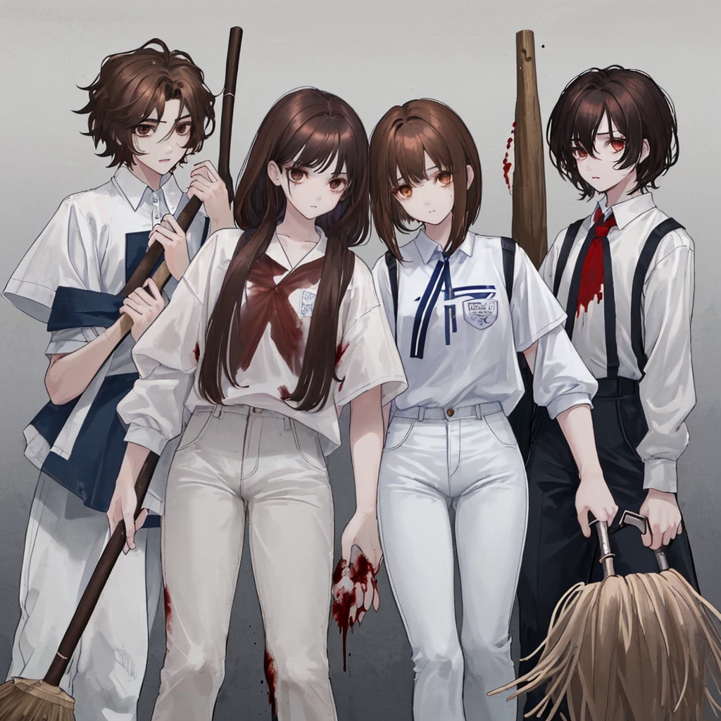 1 girl with curly hair of medium size, brown hair color, honey eye color with 2 moles on the right side of her face and white skin color, wearing a uniform with a white shirt, dark blue pants with a white line on the pants, clothes with blood holding an ax in his hand, 1 with medium straight hair, brown color, dark brown eyes and white skin color, uniform with a white shirt with dark blue pants with a line on the pants with blood on the clothes holding a broom, 1 other girl with short brown hair, brown eyes and white skin color, uniform, white shirt with dark blue pants with a white line and blood, holding a broom, 1 boy with short brown hair and dark brown eyes wearing a white shirt with dark blue pants full of blood holding a baseball bat and his skin color is brown, all of them with a somewhat sad face, all of them with their entire body facing forward, looking at the camera, the scene behind them was a school in front with some zombies, the lighting is a little dark but you can see everything, the four of them together in the same place, They are all teenagers and in high school