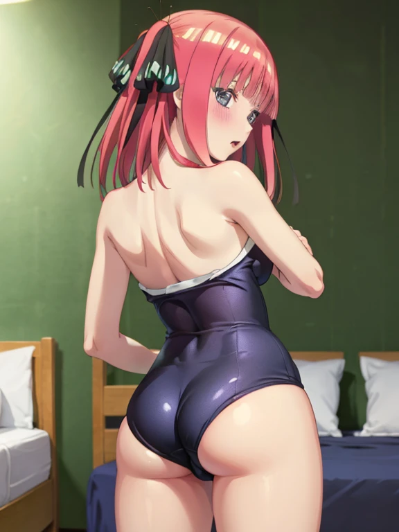 best quality, insanely detailed,nino nakano, bed room background, breasts, blush, back style, Looking Forward, one-piece swimsuit