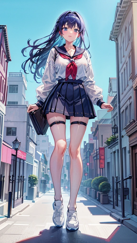 Knot Unreal Engine Anime Style Delicate painting 4K 90's giant Multiple Girls crowd School building City School buildingの谷間に立っている巨大な女子高生 school uniform Sailor suit skirt Black Hair Hands on hips smile female giant giant girl Whole body Destroyed skyscrapers Destroyed cars Crowd Unreal Engine,cleavage ,a drawing of a , earrings, long hair, 1980s (style) Cute picture Beauty Analog style whole body sneakers