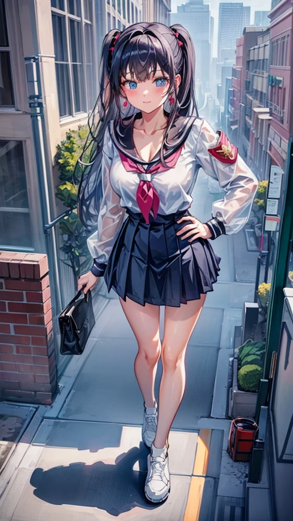 Knot Unreal Engine Anime Style Delicate painting 4K 90's giant Multiple Girls crowd School building City School buildingの谷間に立っている巨大な女子高生 school uniform Sailor suit skirt Black Hair Hands on hips smile female giant giant girl Whole body Destroyed skyscrapers Destroyed cars Crowd Unreal Engine,cleavage ,a drawing of a , earrings, long hair, 1980s (style) Cute picture Beauty Analog style whole body sneakers