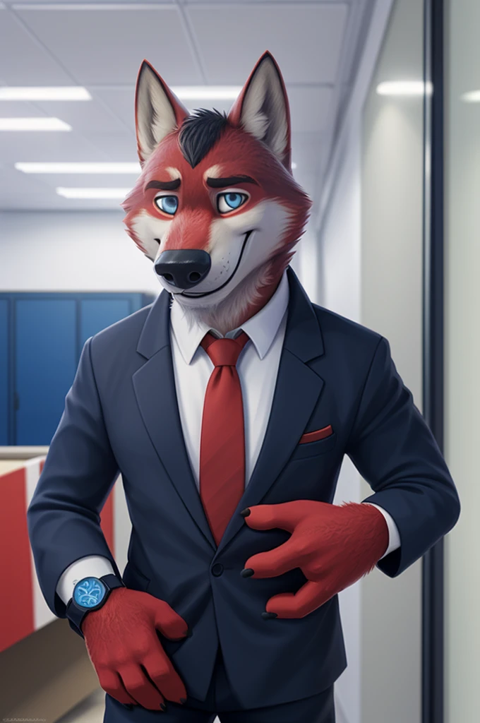 Ivan Fedorovich Wolfbach (Novosibirsk) ,tall handsome, wolf,young, 24 years, brown fur,Kind,(red body:1.3),beautiful blue eyes,Novosibirsk,dressed,blazer, lifeguard uniform, зеленый blazer, White shirt, black tie, Green pants, canine, wolf, detailed fur, male, antro, paw pads, finger claws,At the viewer, 5 fingers, paws, 5 fingers, smile, wrist watch, т nextel,by xenoforge, (difficult, high detail, digital photography, soft focus, RAW variety of theater,Very close to the camera сидит, office,Novosibirsk, smile, good mood, positive, Very close to the camera,Russian Emergency Situations Ministry, 
Photorealism, realistic, photorealistic, digital style, Subsurface scattering,I look at the viewer, in the shop, chooses flowers for mom, 
masterpiece, Best quality, ultra realistic, 8 k)