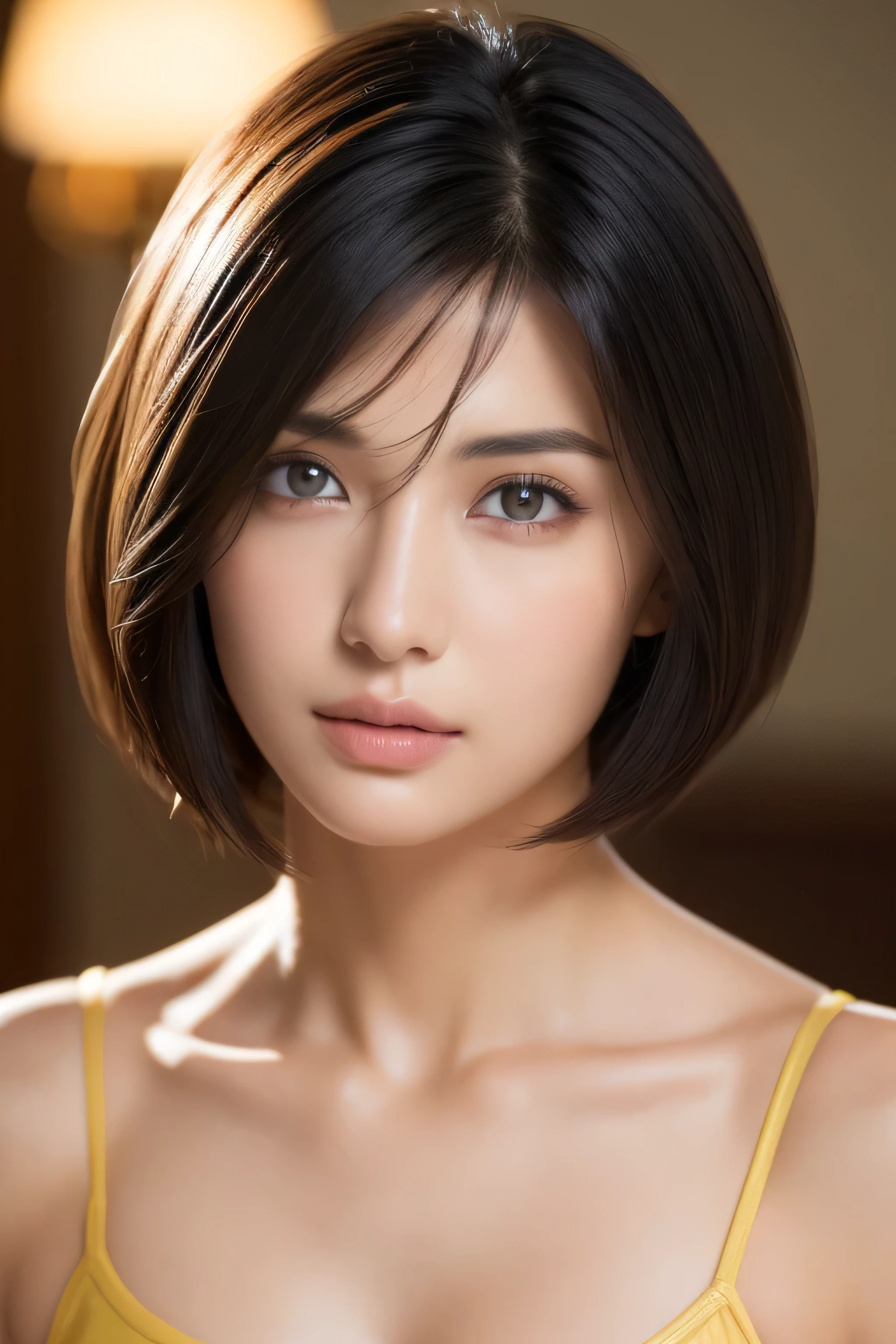 (Masseter muscle area:1.3)、(8K、Photorealistic、Raw photo、Highest quality: 1.4)、(One Girl)、Very beautiful face、Very beautiful face、Very beautiful face、(Very realistic face)、(Black-haired、short hair:1.3)、Very beautiful hairstyle、Very realistic eyes、Very beautiful details、(Extremely realistic skin)、Very beautiful skin、(underwear)、Absurd、Very attractive、Ultra-high resolution、Surreal、High definition、Golden Ratio、Golden Ratio、Golden Ratio、beauty、beauty、beauty。Upper Body