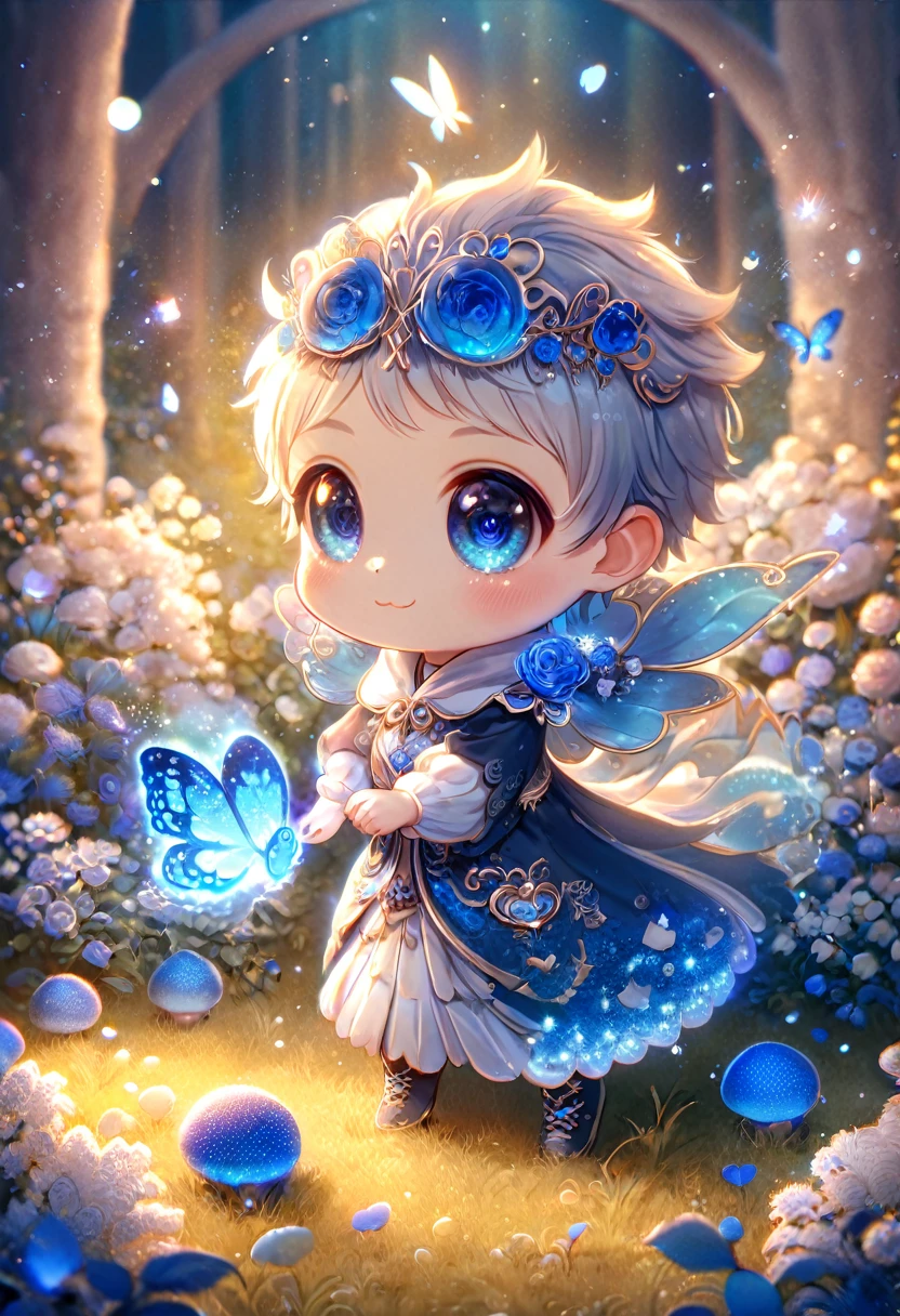 absurdres, highres, ultra detailed, HDR, master piece, best quality, extremely detailed, cute blue mushroom with face, cute, small, solo, magical, fantasy, magic, blue forest, glittering, blue butterflies, blue petals, blue flowers