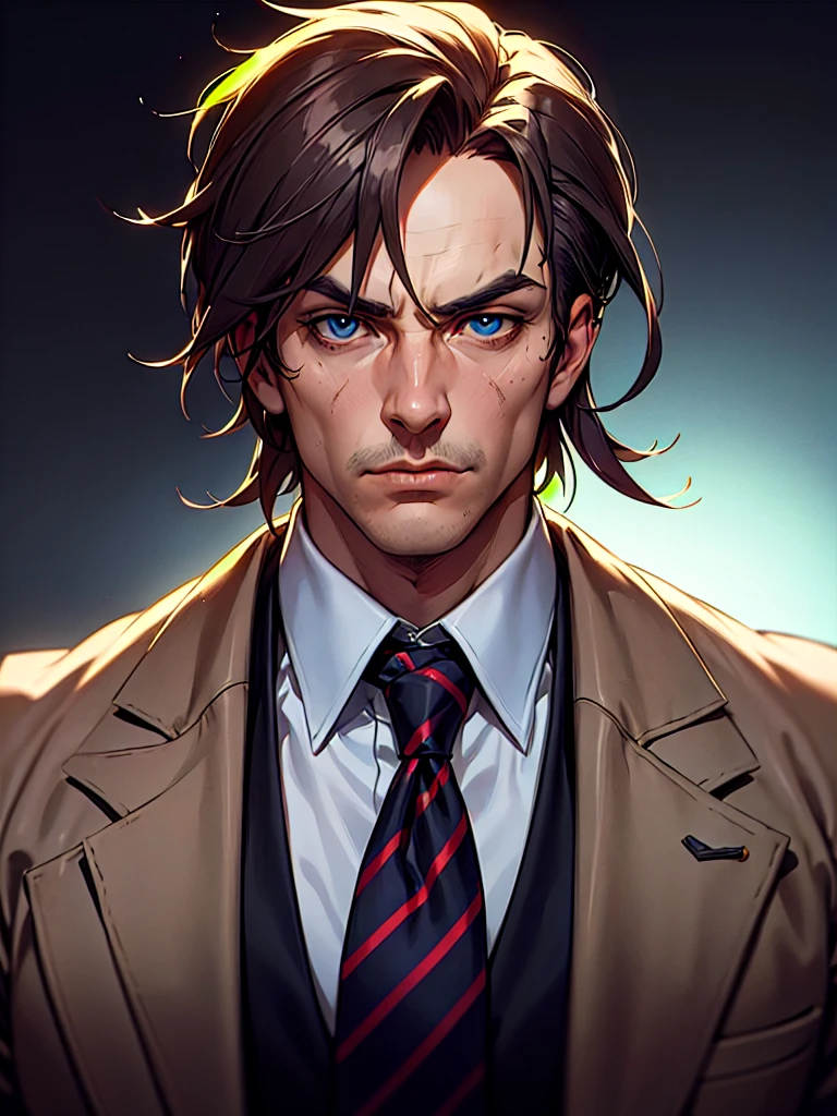 ((Portrait)), He has an Authoritative and Imposing Appearance, with a Distinguished Charm, Weathered Skin, and a Strong Build. He Expresses a Calm and Commanding Look, Giving Off a Serious Attitude. He has Piercing Blue Eyes, and His Hair is Short and Slightly Graying, Dark Brown, with a Clean-Shaven Face. He Wears a Sharp Dark Suit with a Crisp White Shirt and a Neatly Knotted Tie. ((Portrait, HDR, Dark Background))
