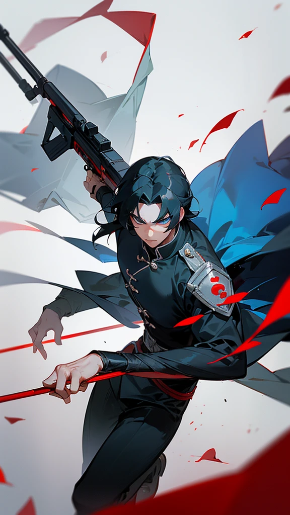 a young man, (((独奏)))), (looking 35 years old, pale skin, Cao Cao, pale skin, Round face, squared chin, olhar furioso, shining blue eyes: 1.85, black long straigh hair with bangs: 1.50, thick eyebrow, serious face), (he is an american sniper, wears military attire, but well aligned and carries a weapon like "sniper"), (he is covered in blood and has red rose petals floating around him, your eyes glow in an intense red light), (he holds a sniper rifle), (it's floating, descending from the heavens to combat), and the bottom is solid, the focus is just the character.